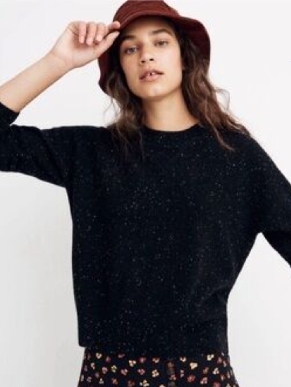 Madewell 100% Cashmere Black Speckled Waffle Knit Crewneck Sweater XS